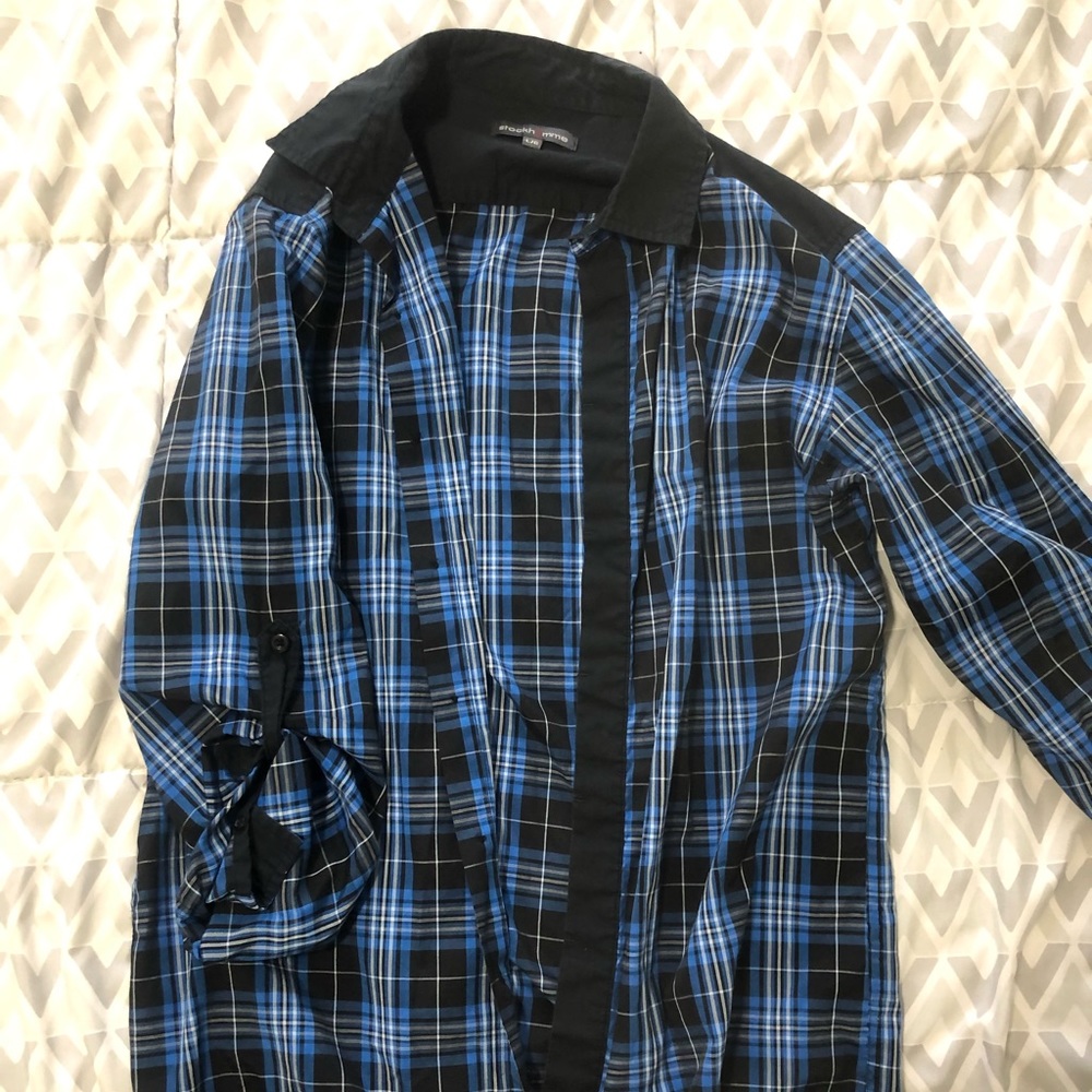 Blue and black checkered collared long sleeve shirt